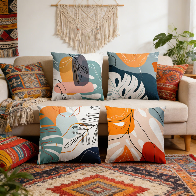Ensemble de 4 taies d'oreiller carrées en polyester de 17,7 x 17,7 pouces avec housse de coussin de style bohème, fermeture à glissière cachée, A5