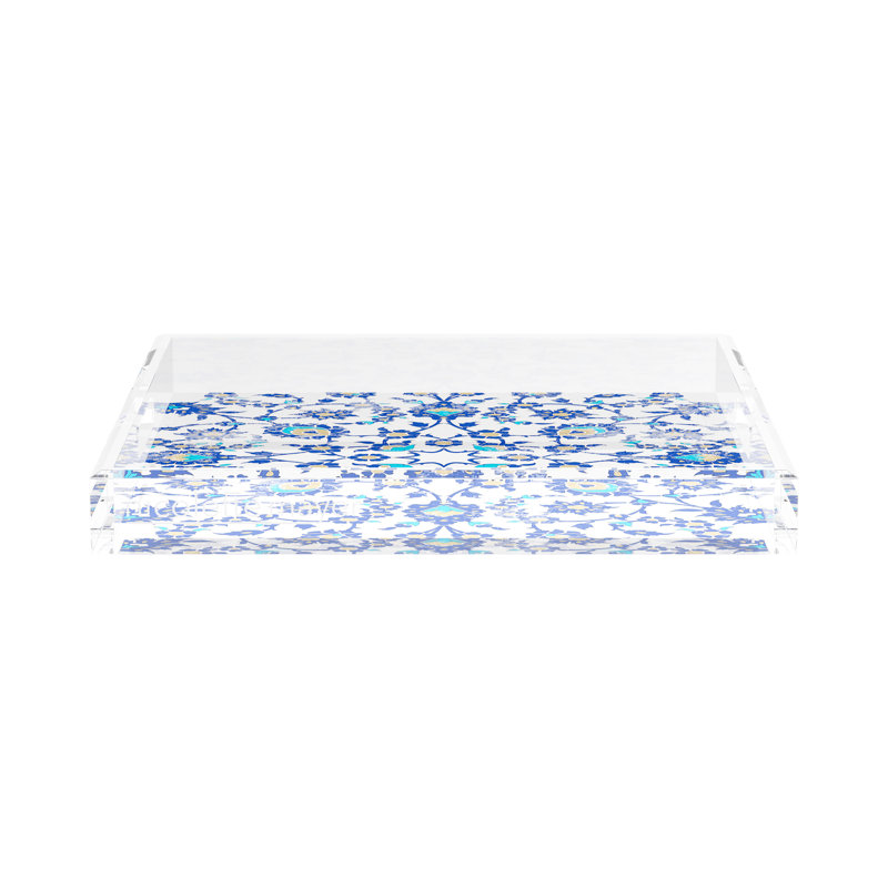 Bosphorus Acrylic Square Decorative Tray, 15"W x 15"D x 2"H, Blue White