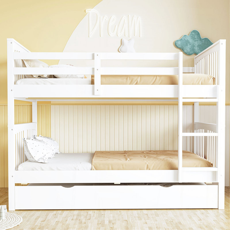 Full Over Full Bunk Bed With Twin Size Trundle And Ladder-White, White