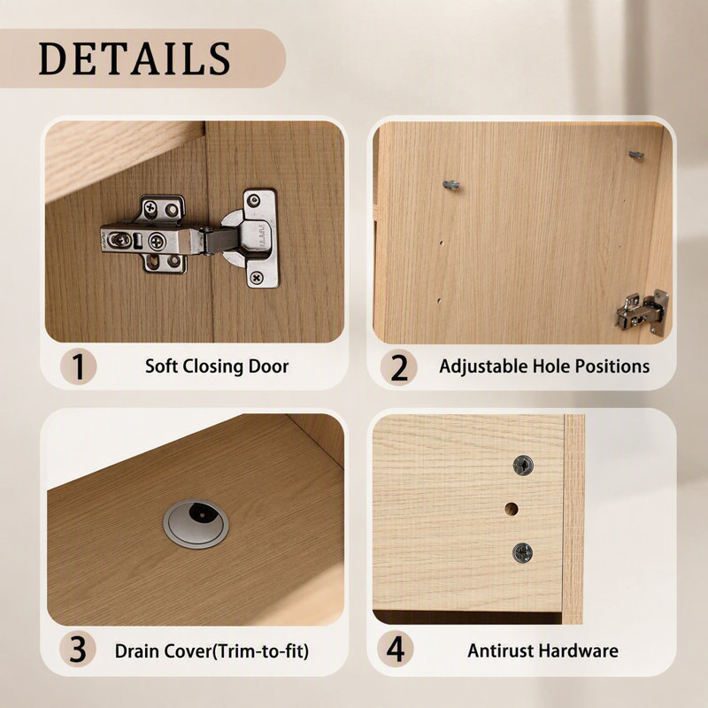 Meuble-lavabo autoportant 48 po (46-7 / 8 po) et 3 portes d'armoire à fermeture en douceur, contreplaqué, chêne Dune (KD-PACKING)