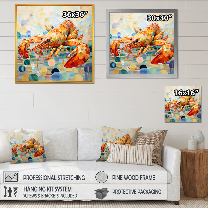Art déco homard en orange et jaune - écrevisse, art mural, Cadre flottant brun, H 30 po x l 30 po x P 1,5 po
