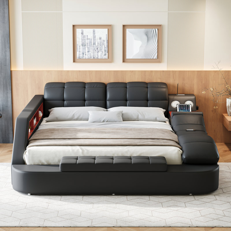Multi-Functional Bed, Solid Wood Frame and Faux Leather Upholstery, Remote-Controlled Massage Recliner on the Right, Modern LED Lights, Bluetooth Speakers, USB Charging Ports, Adjustable Backrest