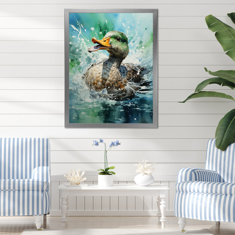 Duck Springtime Splash - Art mural animal canard, H 20 po x l 12 po x P 1 po, Cadre simple argenté
