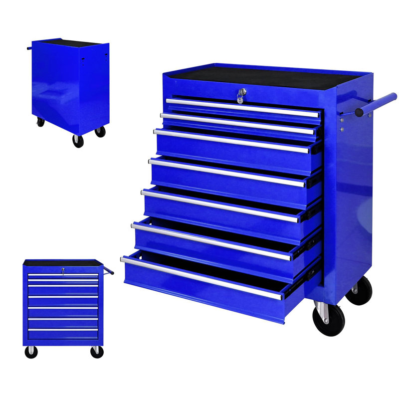 Coffre à outils, coffre à outils roulant 7 tiroirs avec système de verrouillage et plateau amovible, Bleu