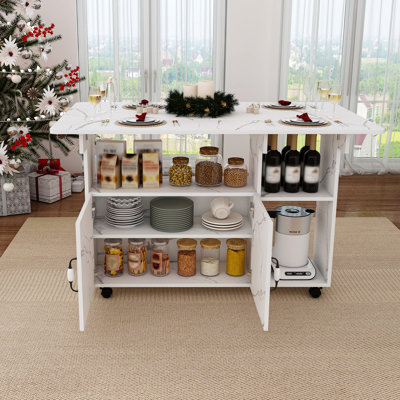 Multi-Functional Folding Table With Storage Shelves And Wheels, 47 Inch Foldable Dining Table For Small Spaces, Compact Desk For Kitchen, Dorm, Office(White)