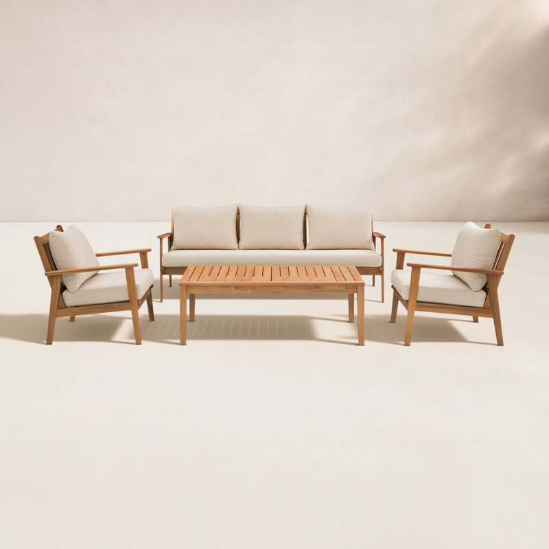 Weslyn 5-Person Solid Wood Patio Conversation Set, 2 chairs, coffee table, 3-seater sofa