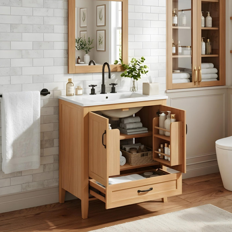Meuble-lavabo de 30 po avec lavabo en céramique, portes à fermeture douce, tablettes réglables, compartiments de rangement et tiroirs