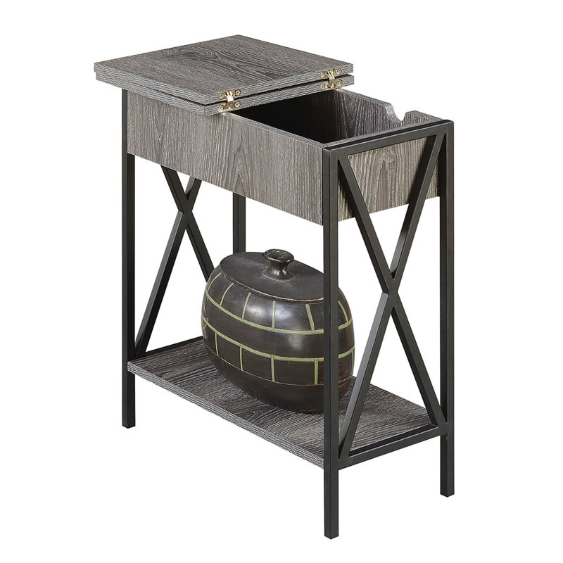 Ariyana End Table with Built-In Outlets and USB Ports, Weathered Gray Top/Black Base
