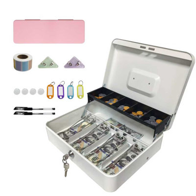 Locking Cash Box with Lock,Money Box with Cash Tray,Lock Safe Box with 6 Kinds Accessories,Money Saving Organizer,11.81Lx 9.45Wx 3.54H Inches