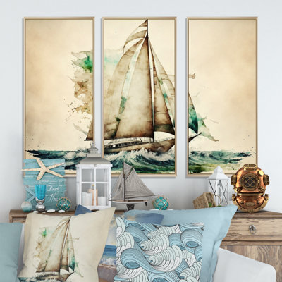 Aquarelle, voilier, croisières, vagues, impression sur toile - 3 pièces