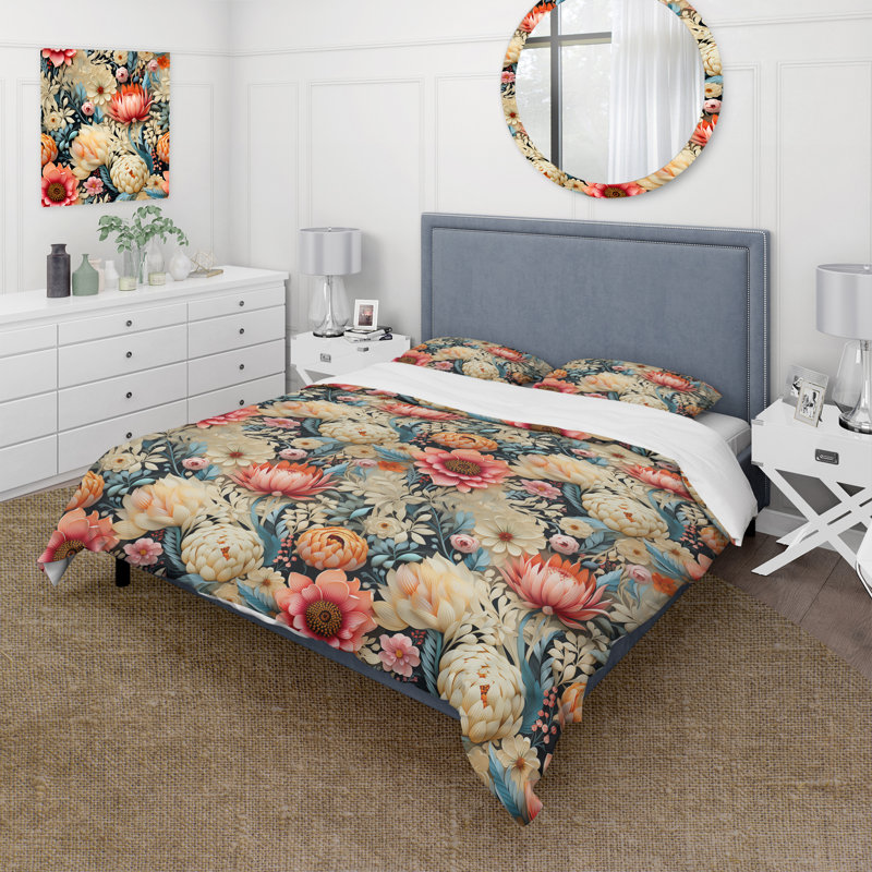 Ensemble de housse de couette beige et rose à motif floral pivoines II, Housse de couette simple + 1 taie décorative stan