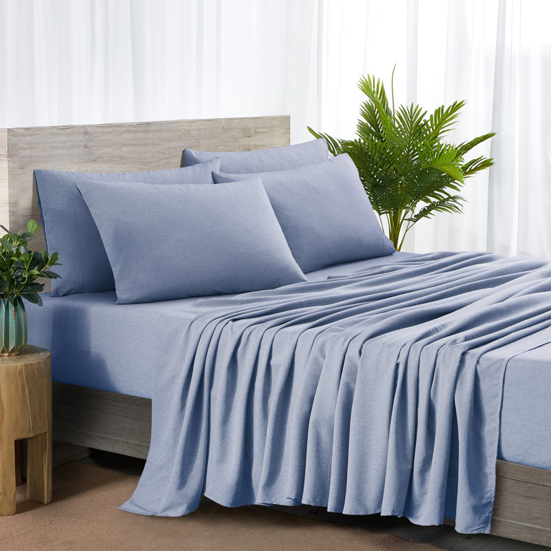 Ensemble de draps en rayonne de bambou 6 pièces Bibb Home, Ensemble de draps pour grand lit avec 4 taies d'or, Bruyère - bleu