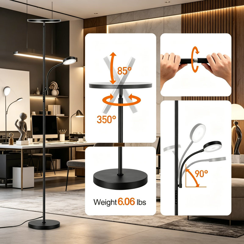 Lampe sur pied à DEL à intensité variable avec deux têtes de lumière, 4 températures de couleur et télécommande - torche 2400LM et lampe de lecture réglable 400LM pour le salon, la chambre à coucher ou le bureau