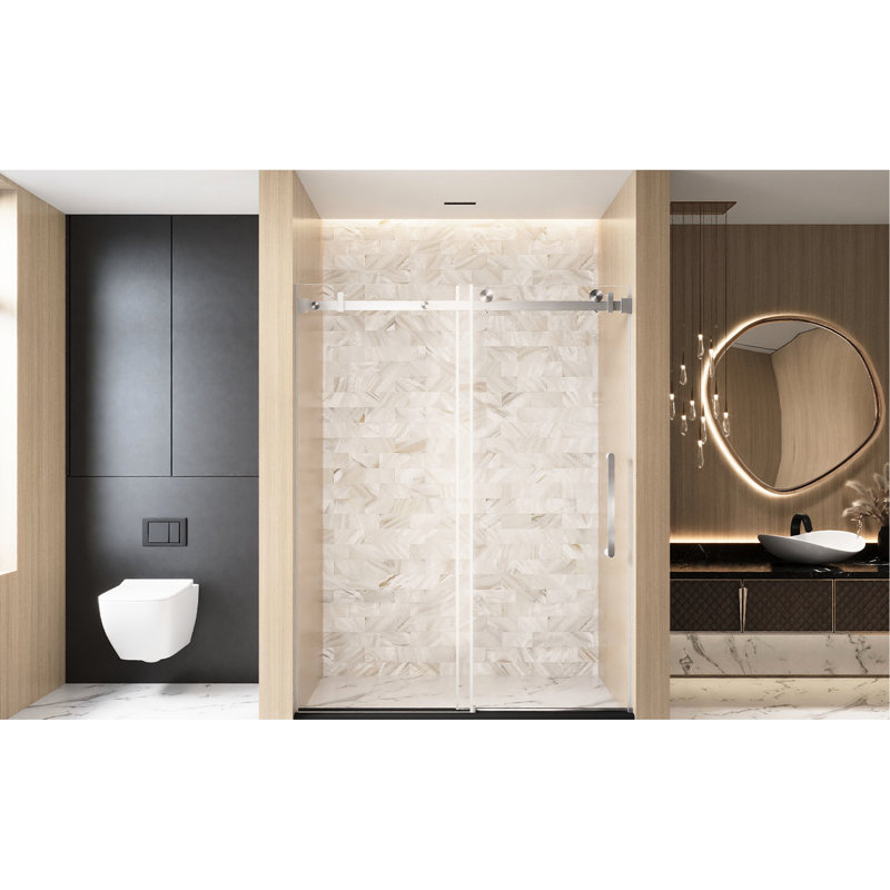 56 - 60 "w X 76" H Single Sliding Shower Door For Bathroom, Featuring 1/4" (6 Mm) Clear Tempered Glass, Proof Film, Stainless Steel Square Tube Track And Handle In Brushed Nickel, American Design,