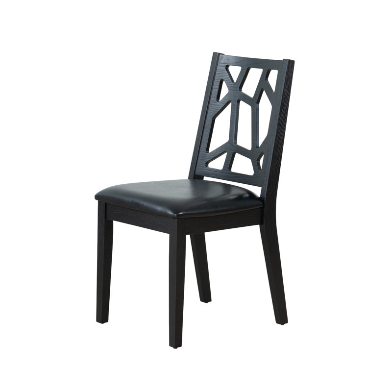 Ensemble de 2 chaises de salle à manger Latrix, modèle: LTC-48-57, structure en bois massif avec siège rembourré en similicuir texturé, haut dossier géométrique élégant, noir ébène