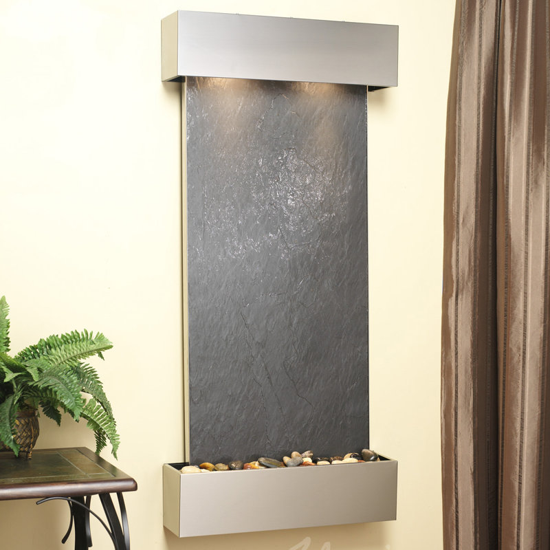 Cascade Springs Natural Stone Fountain with Light, Black Feather, Stainless Steel