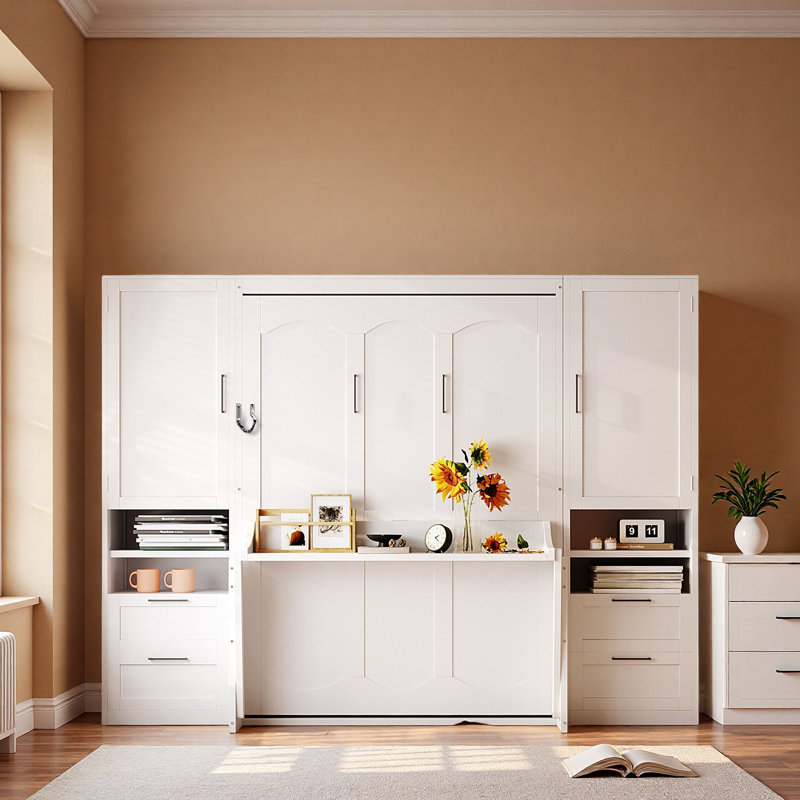 Lit escamotable double pleine grandeur avec placard, tiroirs et tablettes, Blanc