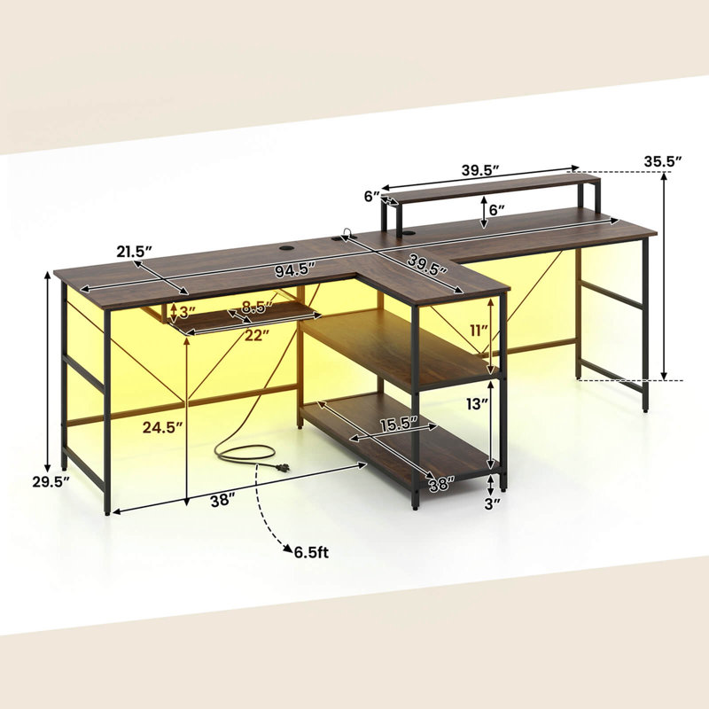 Wrought Studio 94.5" Long Office Desk 2-person Reversible Computer Desk With Led Lights, Walnut/Black