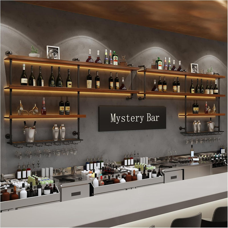 Grand support à vin mural à 4 niveaux, tablettes de bar avec lumières à DEL et porte-verre, tablettes flottantes en bois massif pour bouteilles de liqueur en fer, pour affichage mural complet de bar / restaurant (157,4 po / 400 cm)