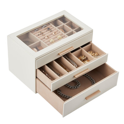 Boîte à bijoux 3 couches pour femme avec couvercle en verre et 3 tiroirs, organisateur de bijoux en faux cuir blanc pour colliers, bagues, boucles d'oreilles et bracelets