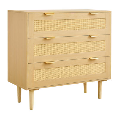 Commode 3 tiroirs en rotin, commode de garde-robe moderne pour chambre à coucher, commode en rotin naturel avec poignées en métal et pieds en bois, organisateur de vêtements et rangement pour la chambre à coucher, le salon, le couloir