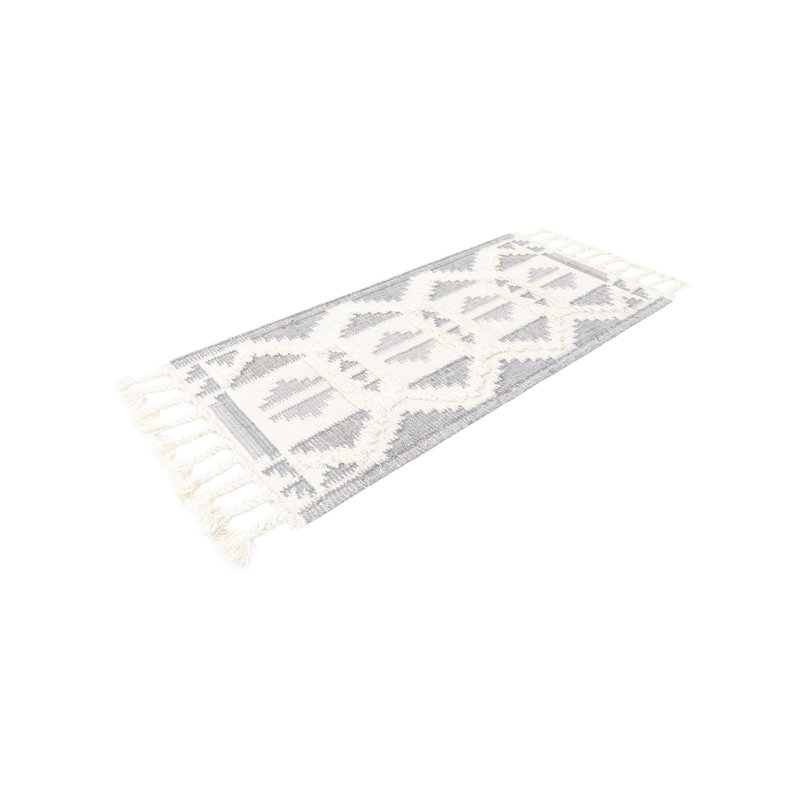 Eylin Geometric Handmade Flatweave Wool Area Rug in Pink and White, Runner 2'2" x 8'2"