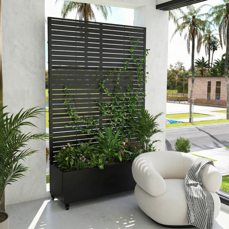 6 ft. H x 4 ft. W Metal Planter Box privacy screen Garden Bed with Trellis and Wheels - Black, 71.37" H x 46.8" W x 16" D