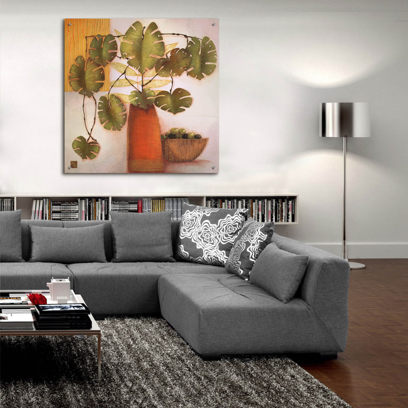 «Olive Bowl And Vase» par Margaret Hughlock, art mural en verre acrylique, 36 po x 36 po, H 36 po x l 36 po x P 0,2 po