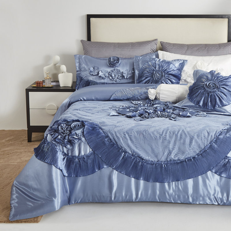 Satin Sateen Floral Comforter, California King Comforter + 5 Additional Pieces, Blue