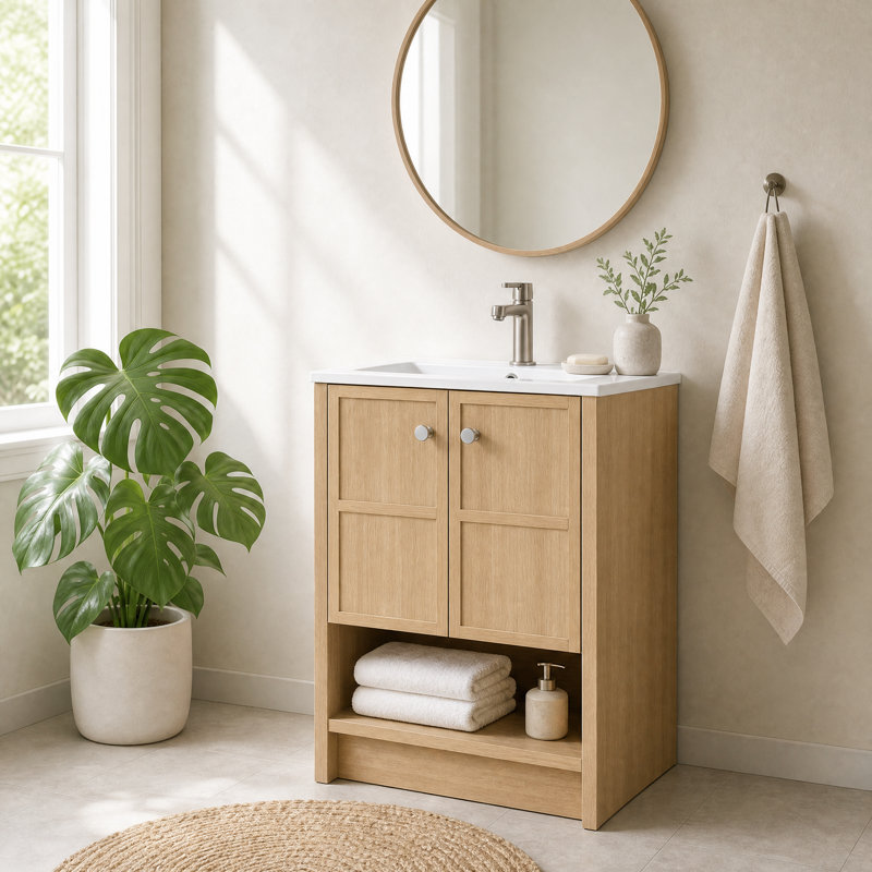 Meuble-lavabo autoportant de 24 po avec lavabo en céramique, 2 portes à fermeture douce et tablette ouverte, armoire de rangement en contreplaqué de chêne pour petite salle de bain, salle d'eau