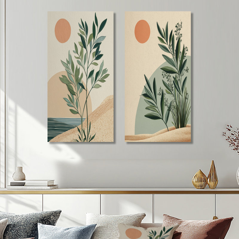 «Earth Tones Minimalisme Ferns Composition I», ensemble de 2 décorations murales botaniques en métal, 40" H x 40" W