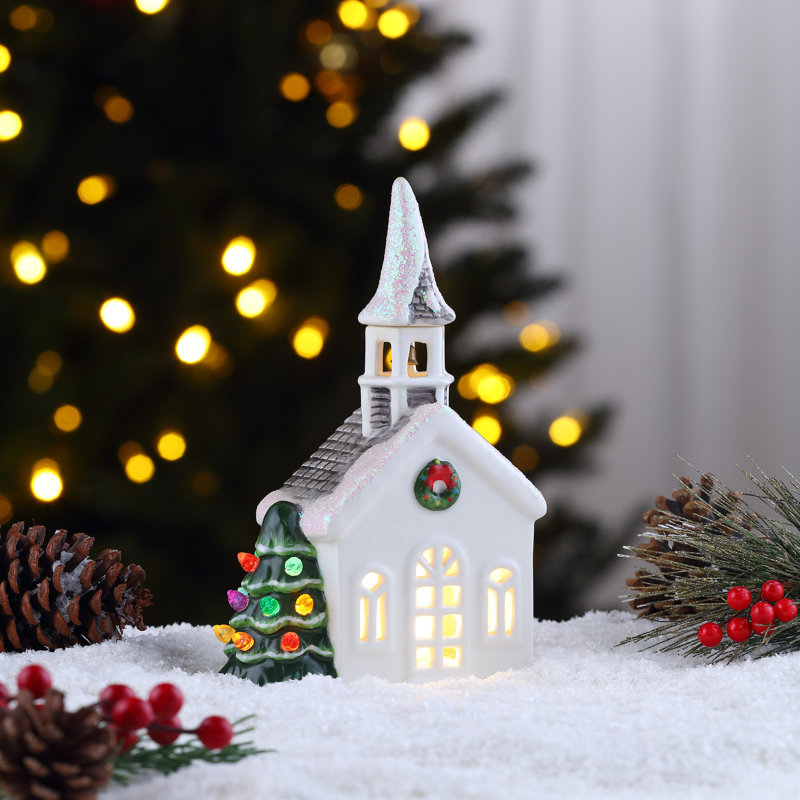 Mr. Christmas White Ceramic LED Church Figurine