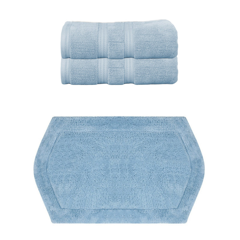 Bryd Collection 100% Soft Cotton 2 Pc Bath Towel Set & 1 Pc Bath Rug, (Set of 3), Blue