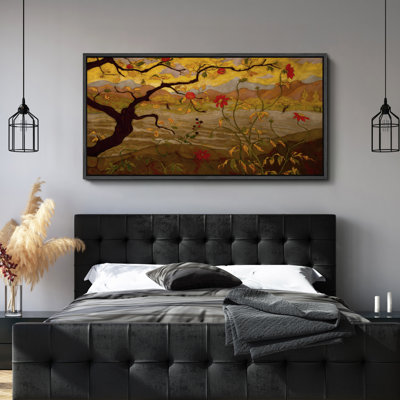 Vintage Autumn Tree Landscape With Golden Foliage Wall Decor - Large Framed Canvas Master Bedroom Wall Art Print