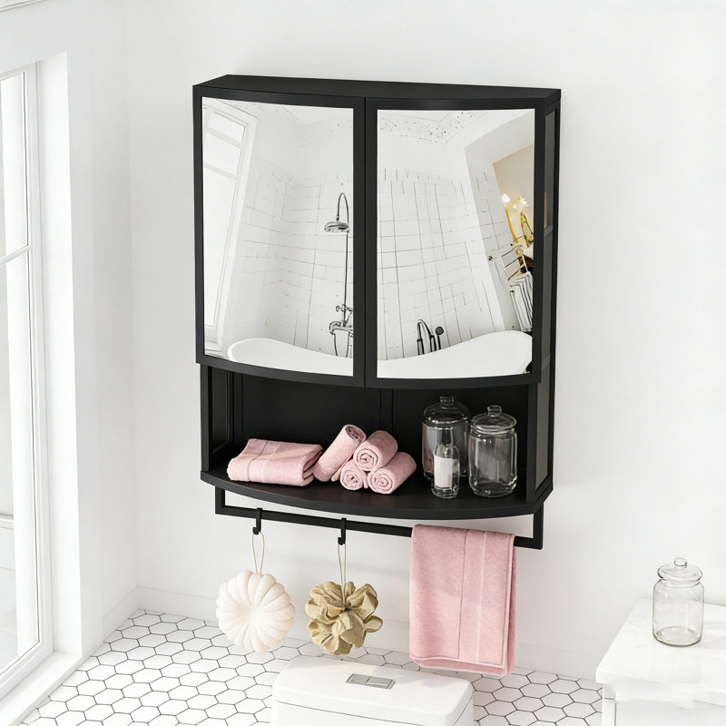 23.62"Modern Arched Glass Double-Door Wardrobe with Shatterproof Non-Glass Mirror-Double-Layer Storage,Open Shelf & Towel Rack for Entryway, Living Room,Bathroom, Dining Room