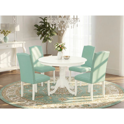 5 Piece Kitchen Table Set for 4 Includes a Round Dining Room Table with Pedestal and 4 Pond Faux Leather Upholstered Parson Chairs, Linen White