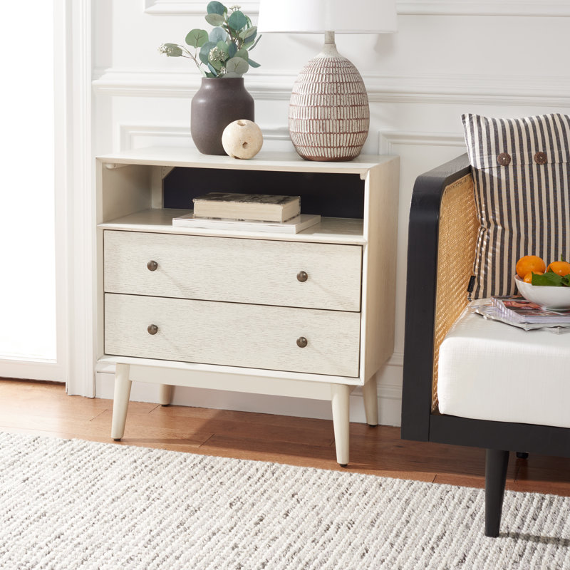 Commode décorative 2 tiroirs en bois massif, Blanc délavé