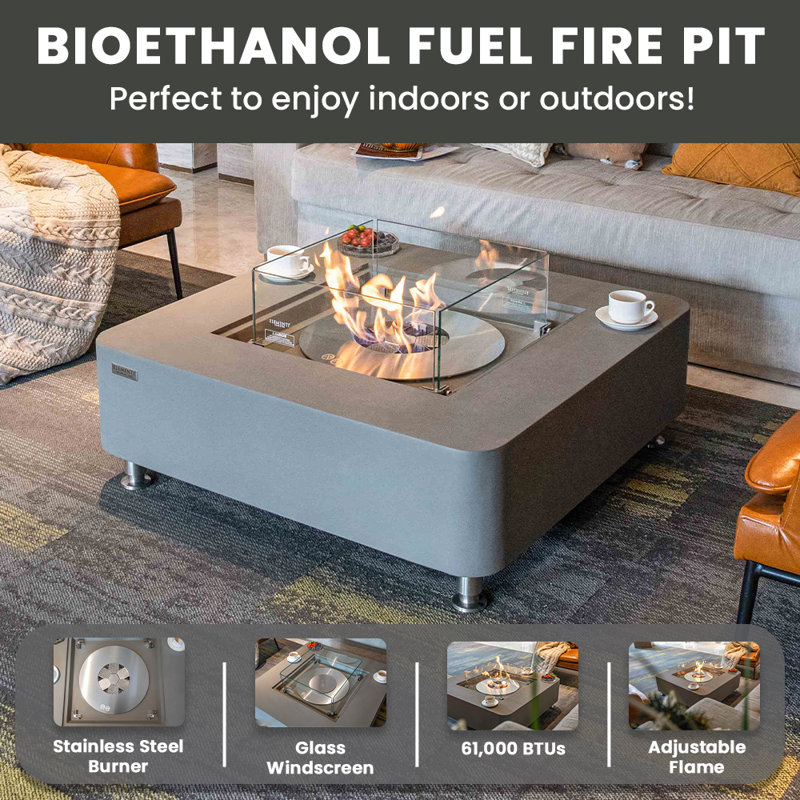 Envelor 14'' H x 40'' W Concrete Bio-ethanol Fuel Outdoor Fire Pit Table with Windscreen and Lid, Gray