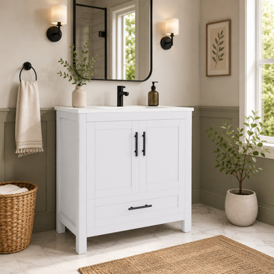 Ensemble de meuble-lavabo simple 30 po avec lavabo en céramique, blanc, bois massif