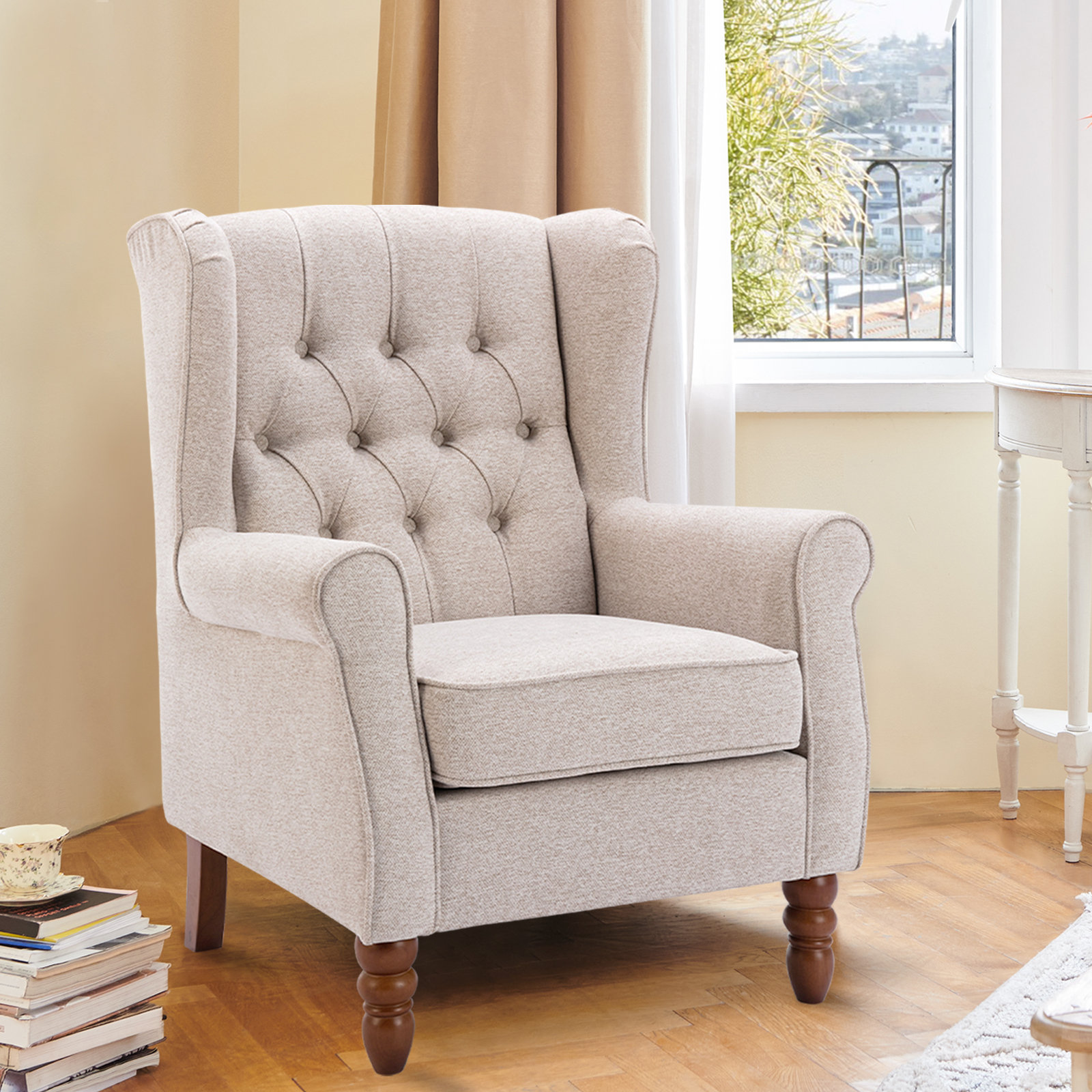 Mercer41 Button-Tufted Small Wingback Accent Chair with Rolled Arm