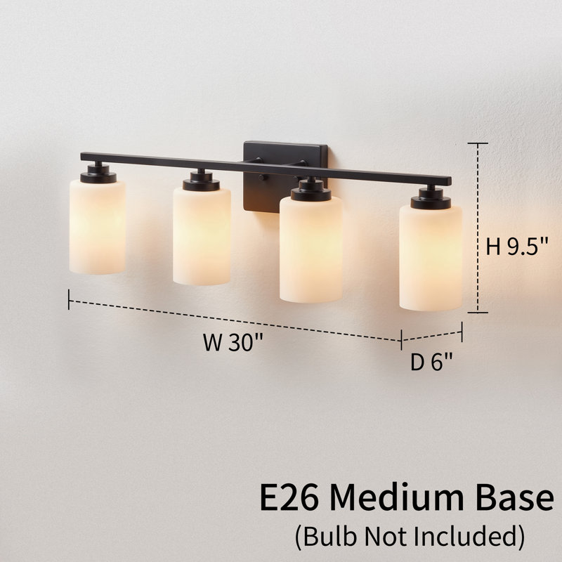 30 in. Black Steel 4-Light Dimmable Vanity Light with Frosted Glass Shades