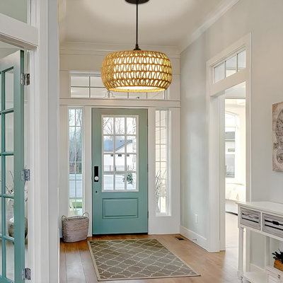 Farmhouse Rattan Chandelier With Fabric Shade, Hand-Woven Boho Pendant Light For Dining Room, Kitchen Island, Adjustable Height, Easy Installation, E26 Base Compatible