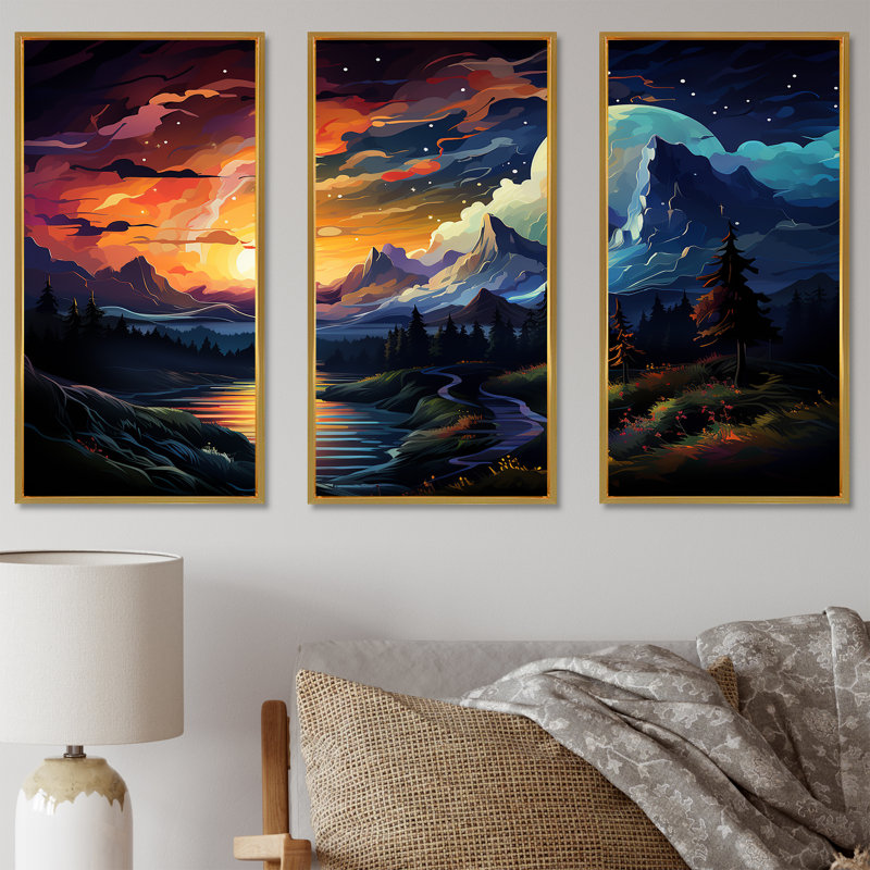 «Yellow Lakeside Mountain Sunset Wonderland II», art mural forêt et rivière, Cadre flottant doré, H 28 po x l 36 po x P 1 po