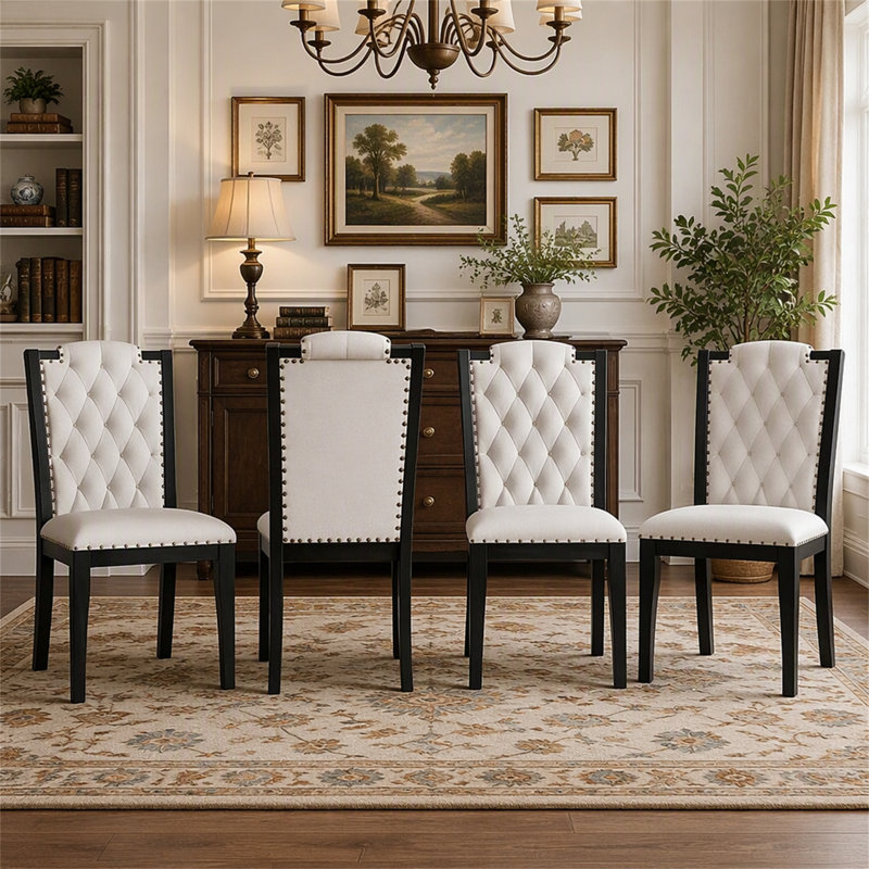 Ensemble de 4 chaises de salle à manger rembourrées, Beige+Black