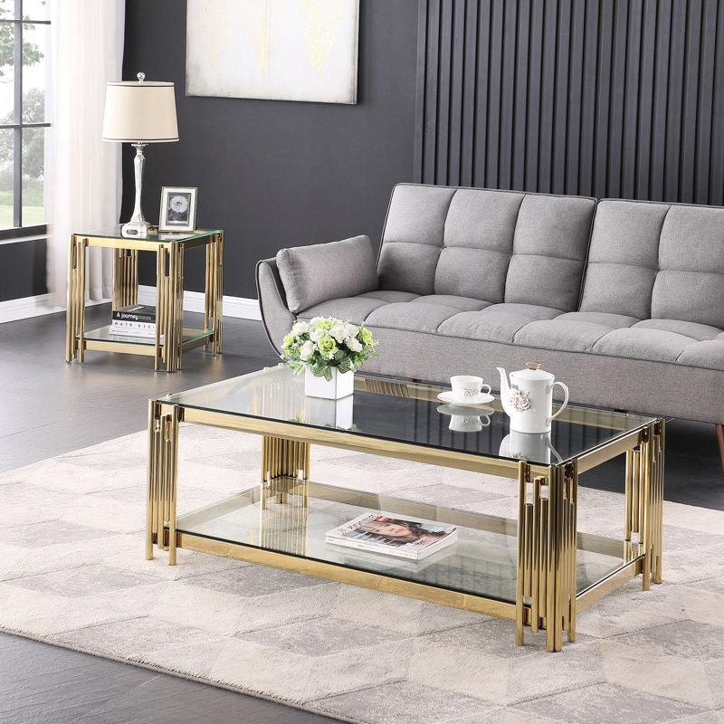 Table basse rectangulaire en verre avec pieds en acier inoxydable doré, 48 po pour espace de vie, base, pièce essentielle