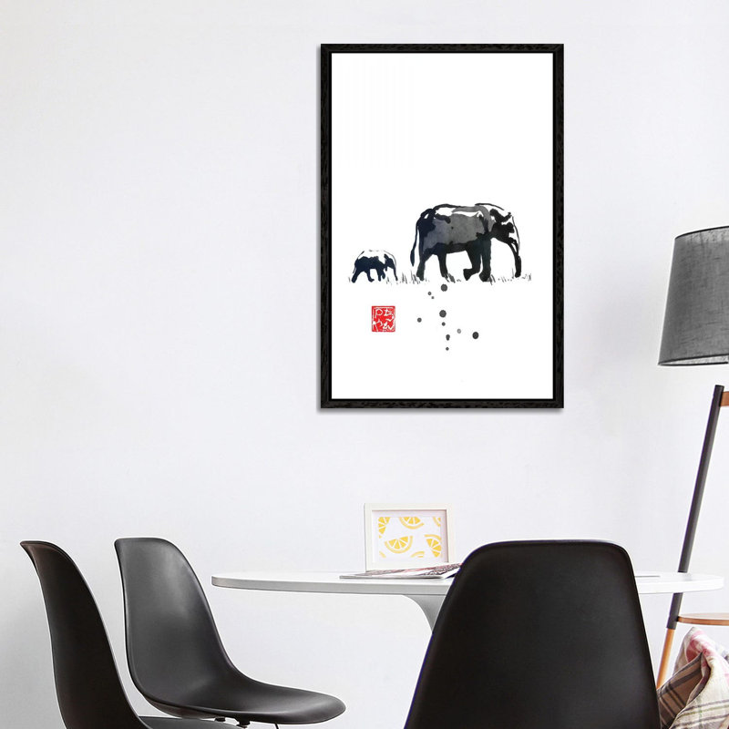 Elephant Family by Péchane - Painting on Canvas, Black Framed, 101.6 cm H x 66.04 cm W