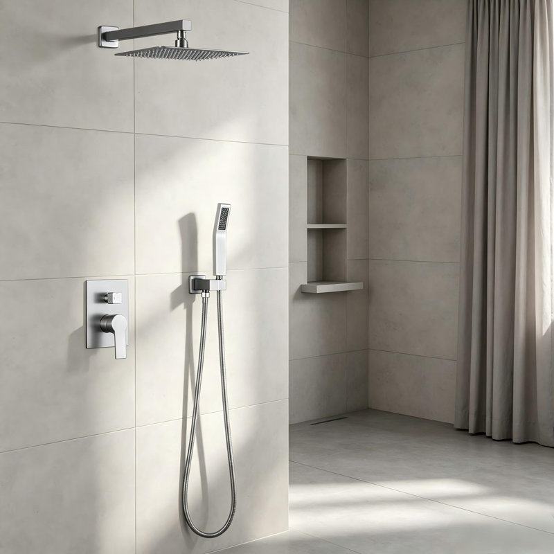 Pomme de douche murale à 1 jet de 10 po avec système de douche à main encastré en nickel brossé