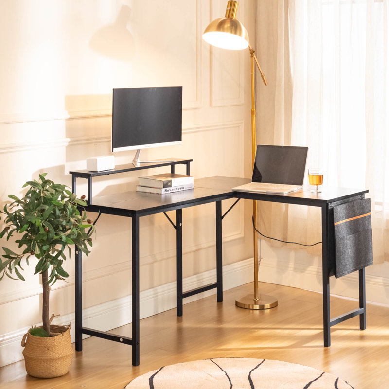 L-Shaped Computer Desk with Storage Shelf 48.8-Inch With Storage Bag and Led Atmosphere Light,Office Home Workstation Featuring a Sturdy Metal Frame and Ample Storage Solutions, For Gaming Studio and Home Office, Black
