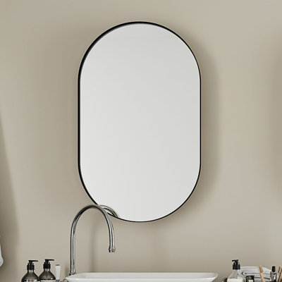 Armoire à pharmacie ovale encastrée, armoire de salle de bain murale en métal avec miroir et tablettes réglables