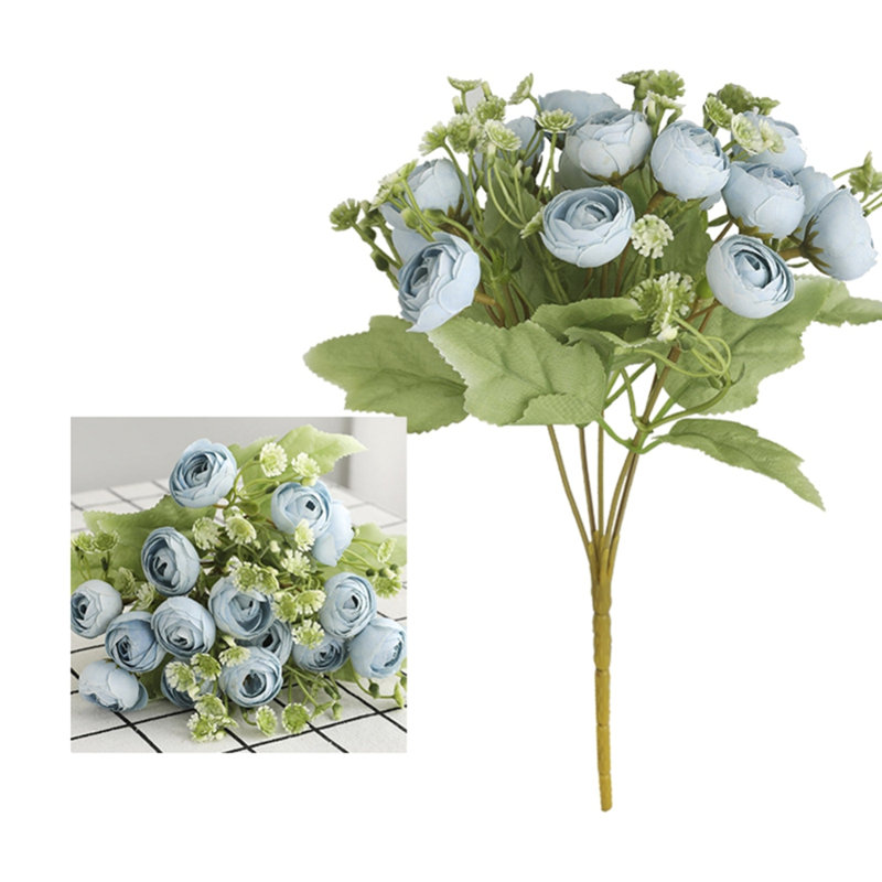 2 petites fleurs artificielles roses avec 15 flocons de neige coréen et une petite bouchée de thé, Bleu